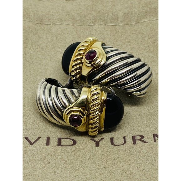 Authentic David Yurman Renaissance Shrimp Earrings 925/14K Onyx Pink Tourmaline